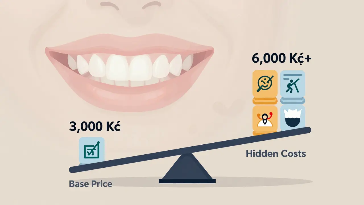A financial scale showing base price vs. hidden costs of composite veneers with icons representing additional fees.