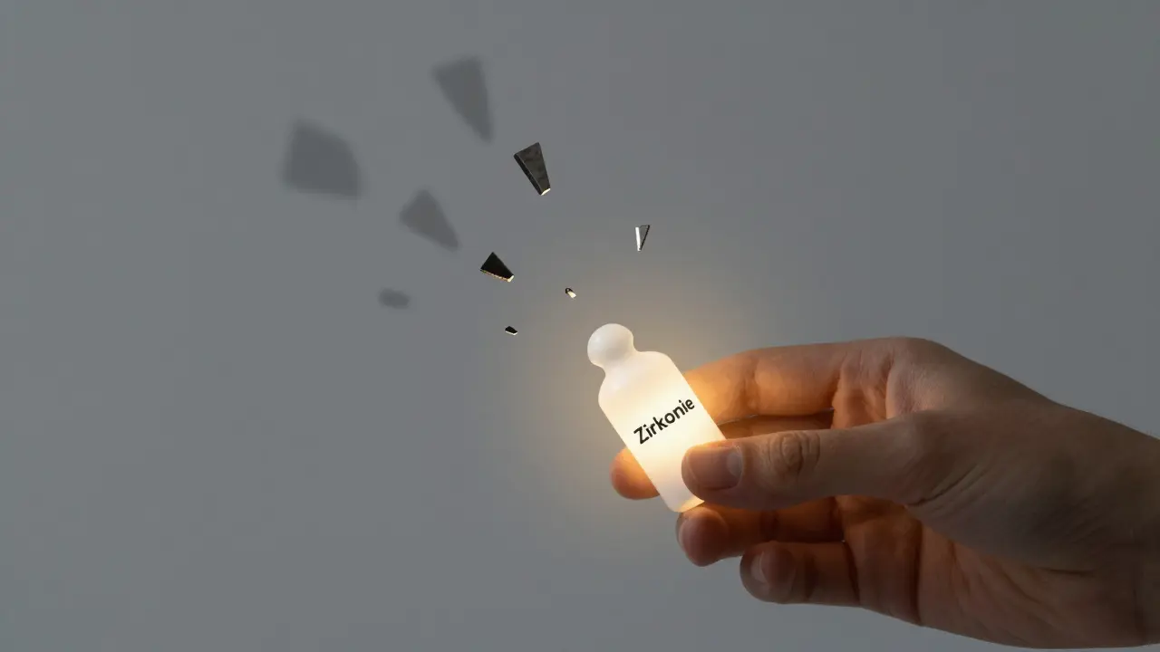 Bílá zirkoniová implantace v lahvičce, zatímco kovové látky se rozpadají do mlhy.