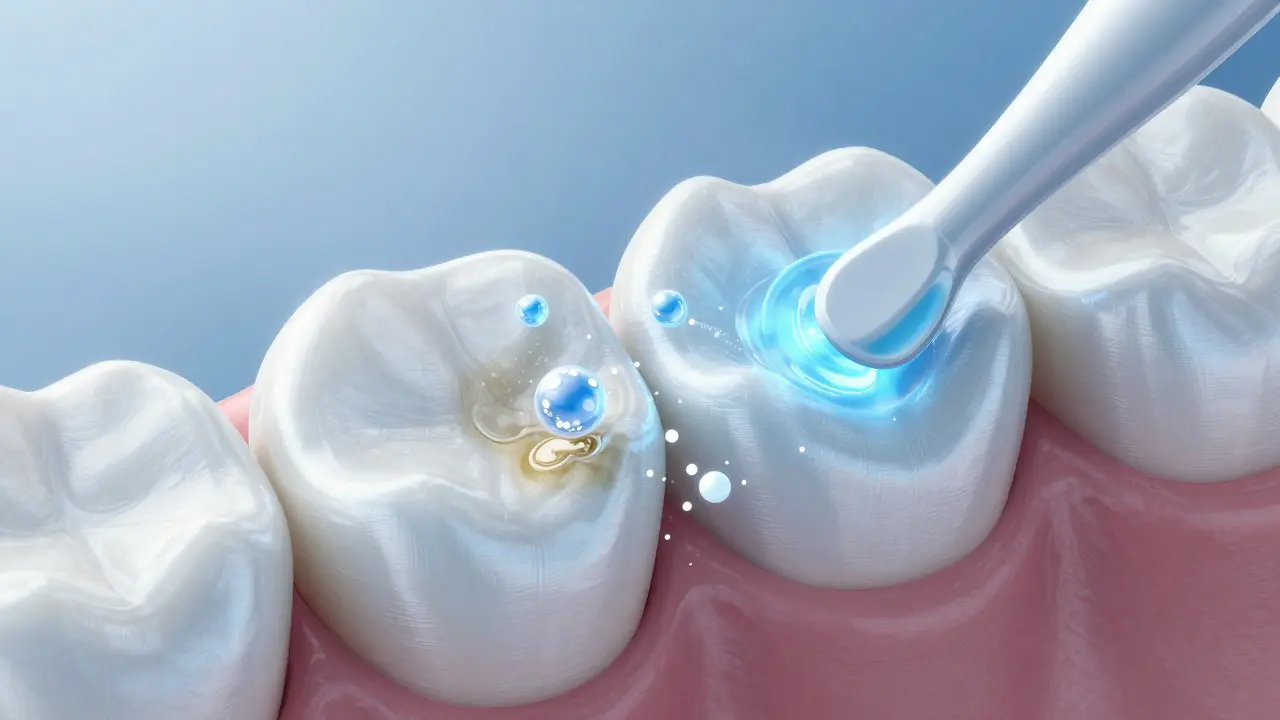 Blízký pohled na aplikaci bělícího gelu na zuby