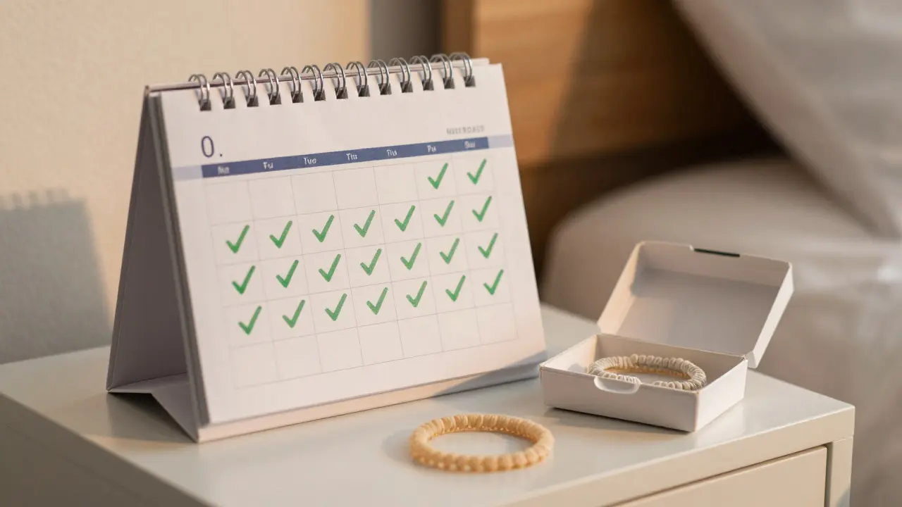 Calendar with daily checkmarks next to a box of orthodontic elastics, symbolizing consistent daily care.