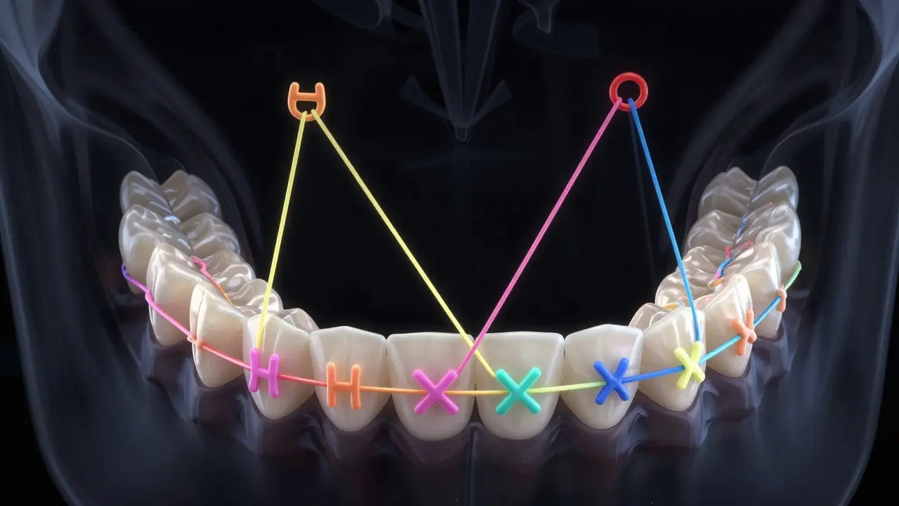 Colorful orthodontic elastics in V, H, and X shapes applying precise force between upper and lower braces.