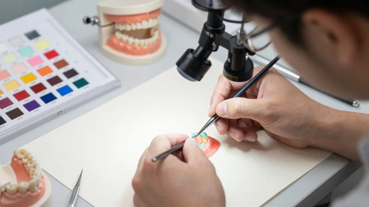 Dentální technik přesně barví keramickou korunku ručně pod loupacím sklem.