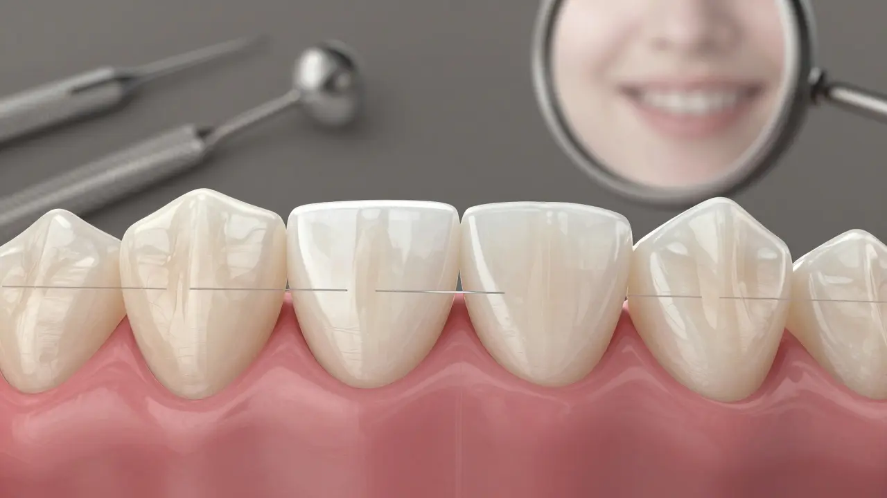 Detailní ilustrace tenké keramické fazety přilepené na zub s naznačením přípravy povrchu.