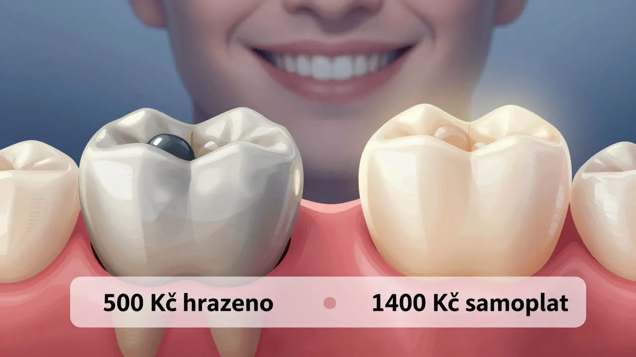 Dva typy plomb vedle sebe: šedá amalgám a přirozeně vypadající kompozitní plomba na předním zubu.