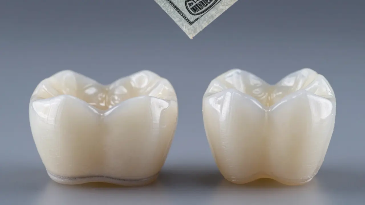 Dvě keramické korunky vedle sebe: jedna nekvalitní s šedou čárou, druhá přirozená a dokonalá.