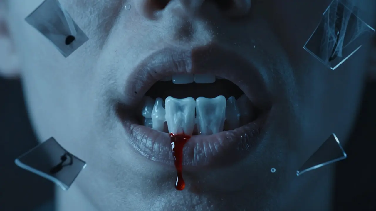 Kapka krve na dásni s rentgenovým obrazem zasazené osmicky v pozadí.