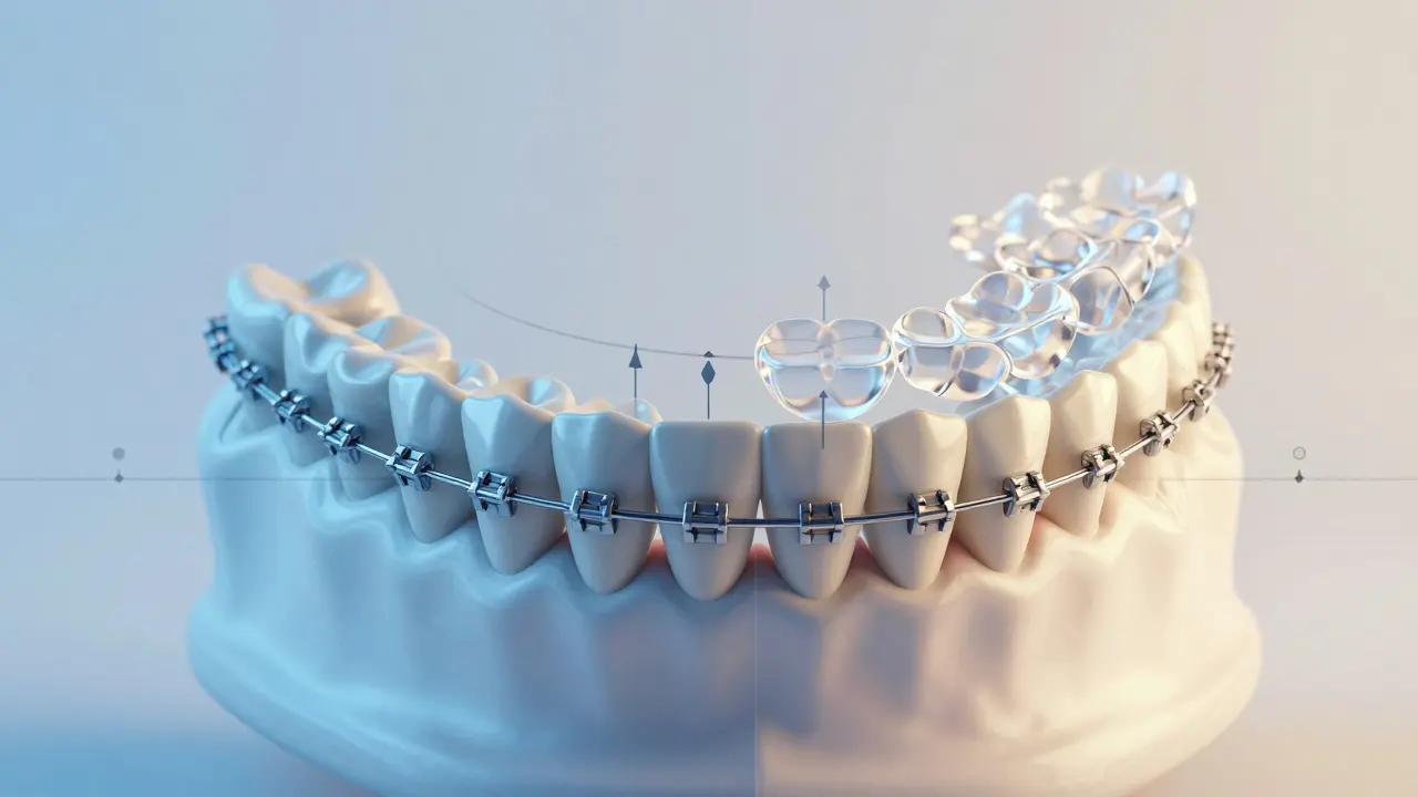 Koncepční znázornění pohybu zubů pod vlivem dvou typů rovnátek