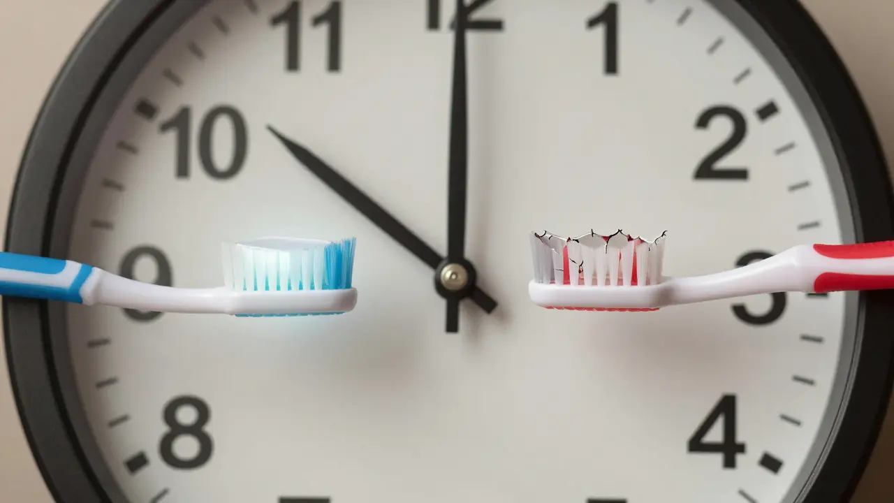 Kontrast mezi ochranou zubů před snídaní a poškozením po kyselé potravě.