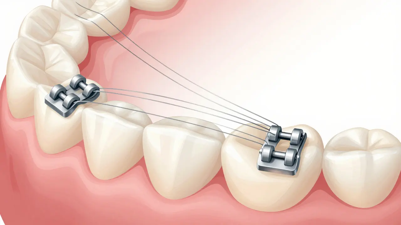 Křížový řez hřebíčku mezi dvěma zámkovými kroužky s vyznačeným tlakem.