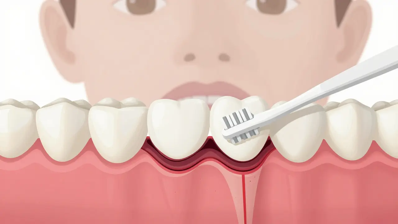 Křížový řez zubu s kamenem pod dásní a mezizubním kartáčkem, který symbolizuje prevenci.