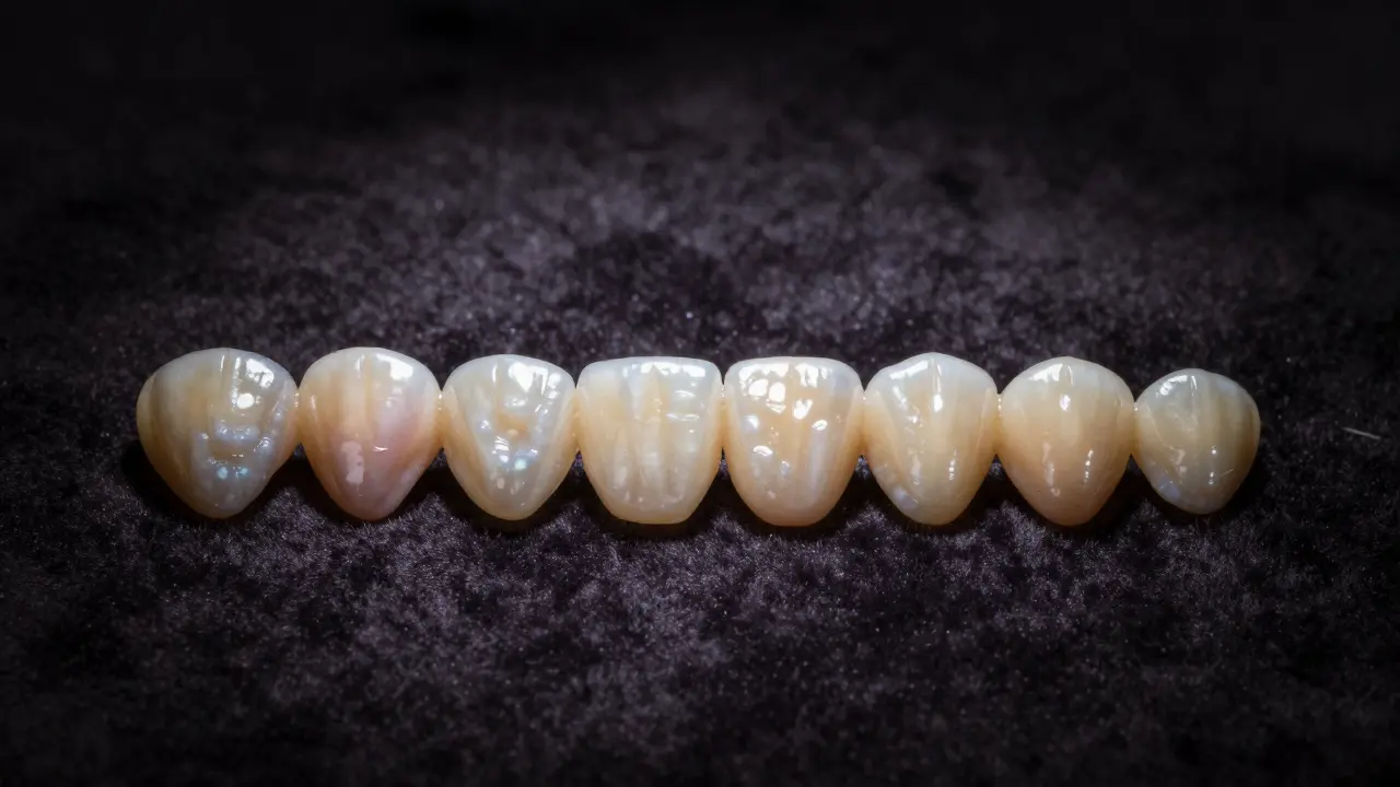 Osm keramických fazet uspořádaných v řadě na tmavém hedvábí, každá s jemně odlišnou barvou.