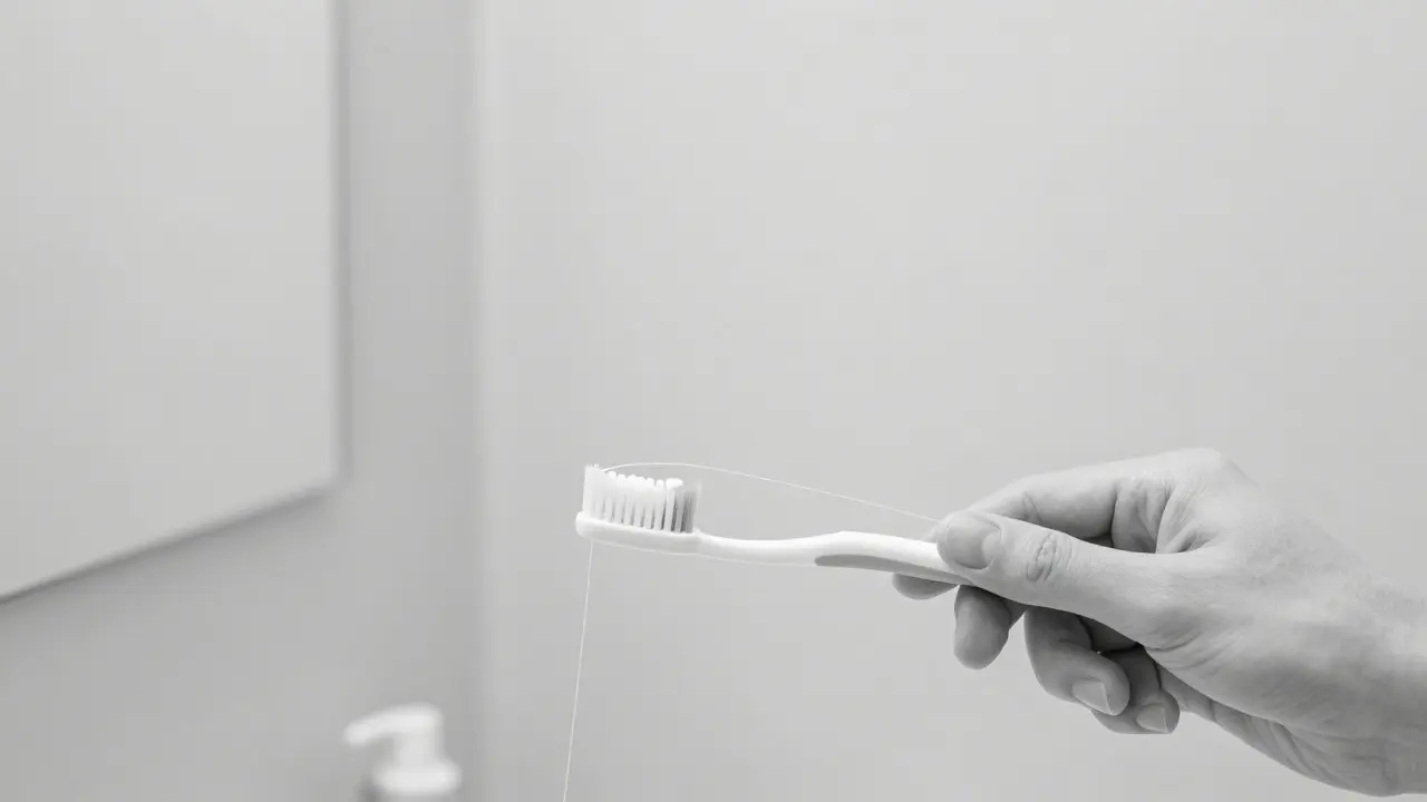 Osoba čistí zuby zubní kartáčkem a nití