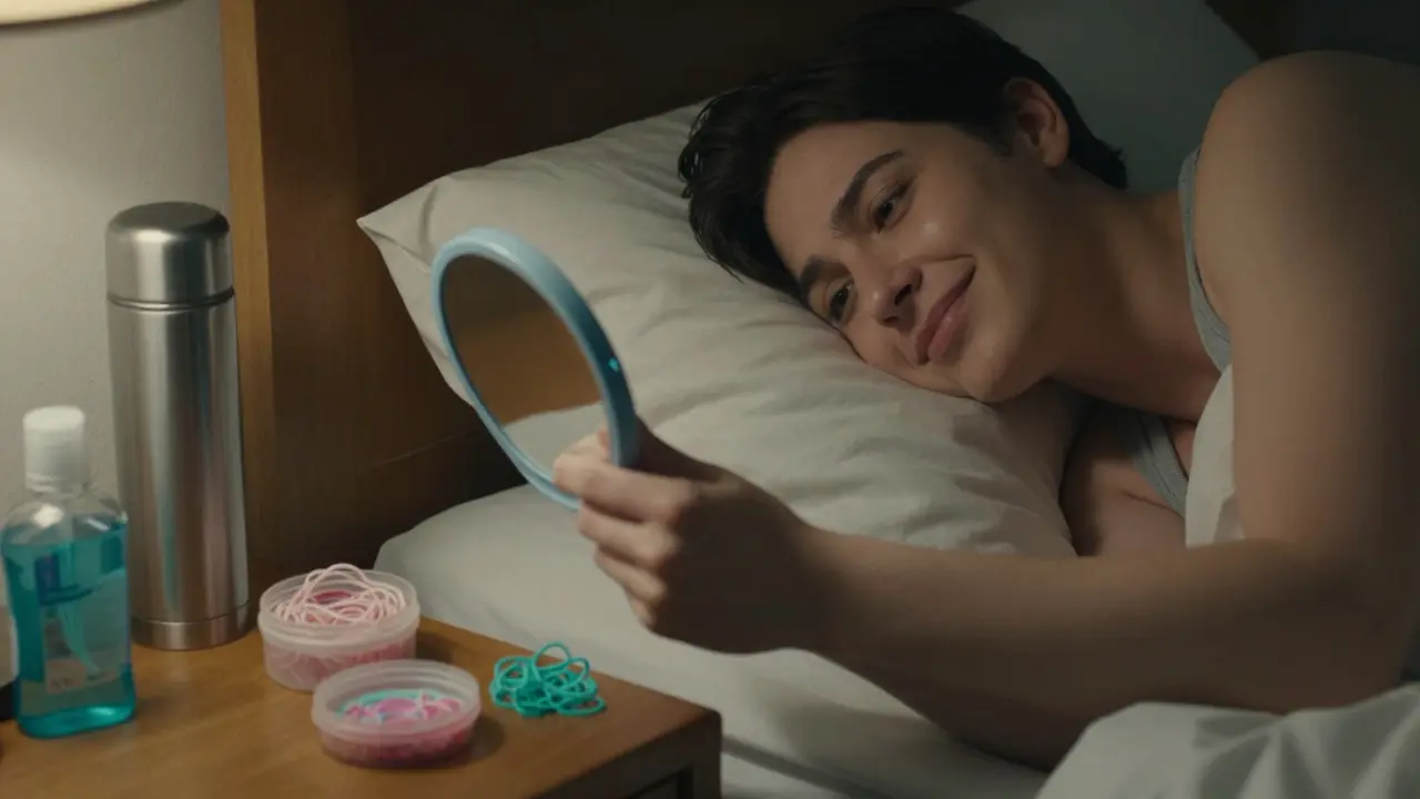 Osoba se probouzí a kontroluje gumičky v zrcátku, vedle ní jsou náhradní gumičky a termoska s vodou.