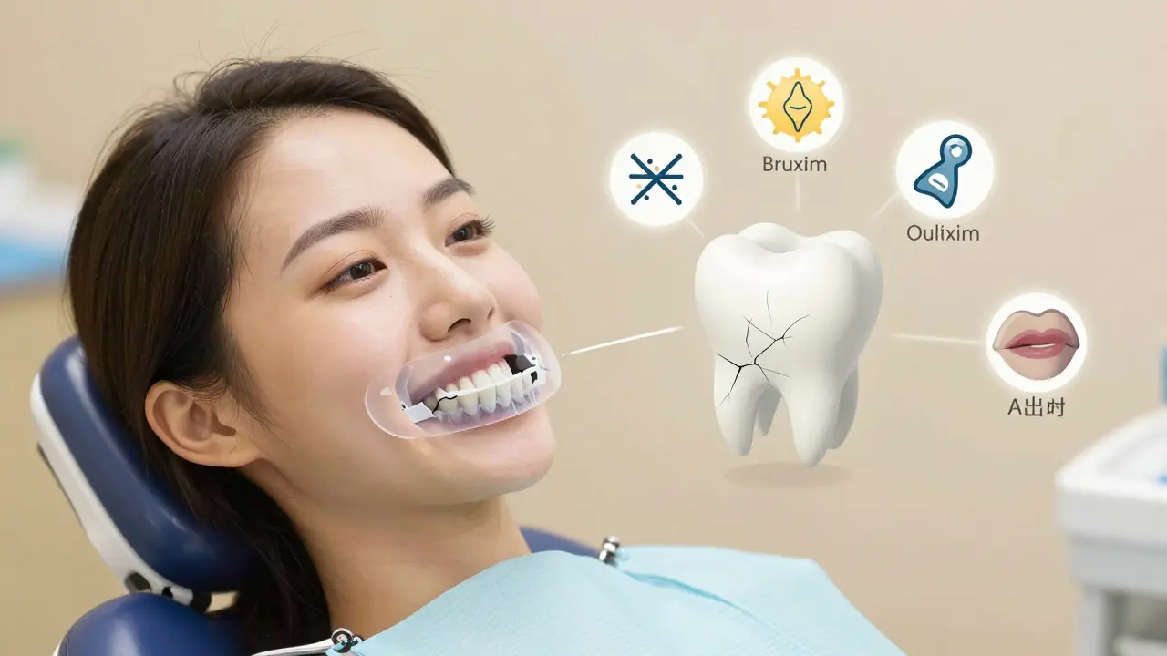 Pacient s nočním štětem a skrytými prasklinami na zubech, znázorněno přesahujícími rizikovými faktory