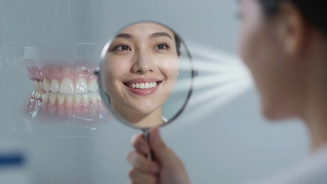 Pacientka se smíchem, zatímco staré korunky postupně mizí, zatímco nové keramické zuby svítí.