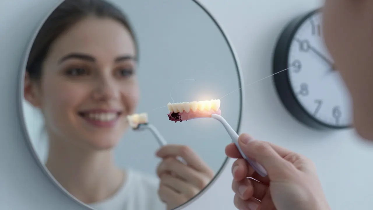 Person smiling with dental bridge, but reflection shows decayed teeth underneath.
