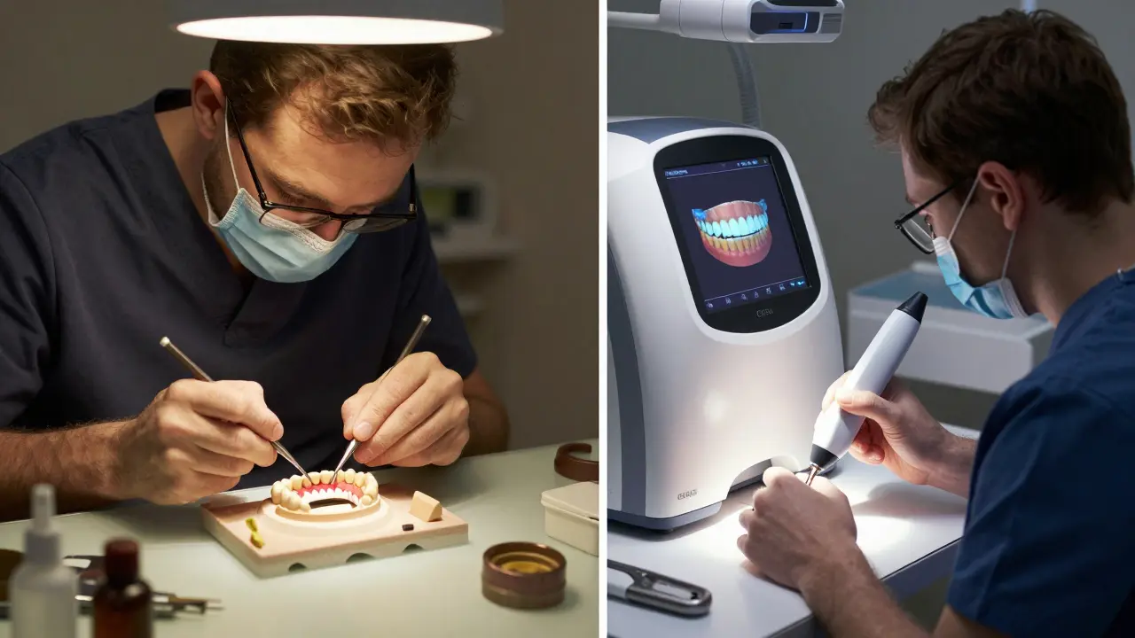 Porovnání tradičního a digitálního přístupu k výrobě keramických zubních náhrad.