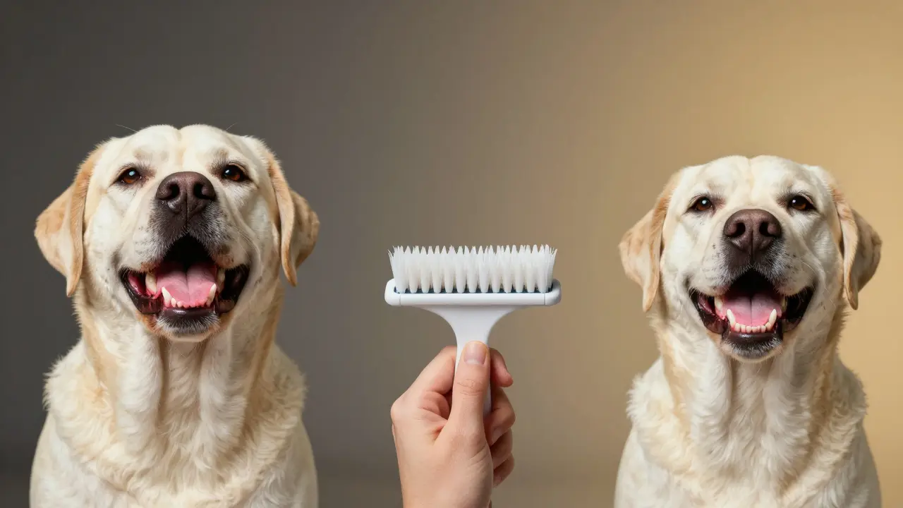 Porovnání zdraví psích zubů: před a po pravidelné péči domácí pastou – od zánětu k čistotě.