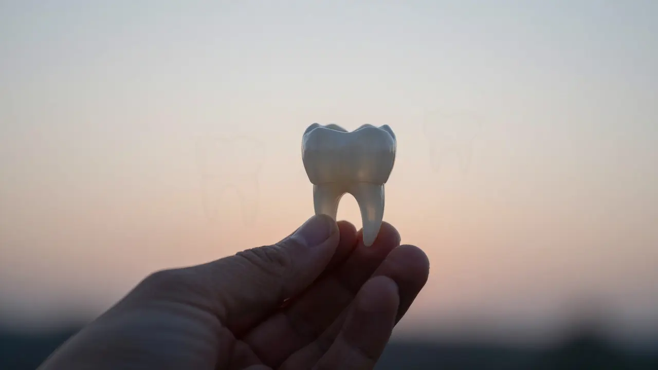 Přesně vyrobená keramická korunka visí ve světle, jako symbol přirozeného úsměvu.