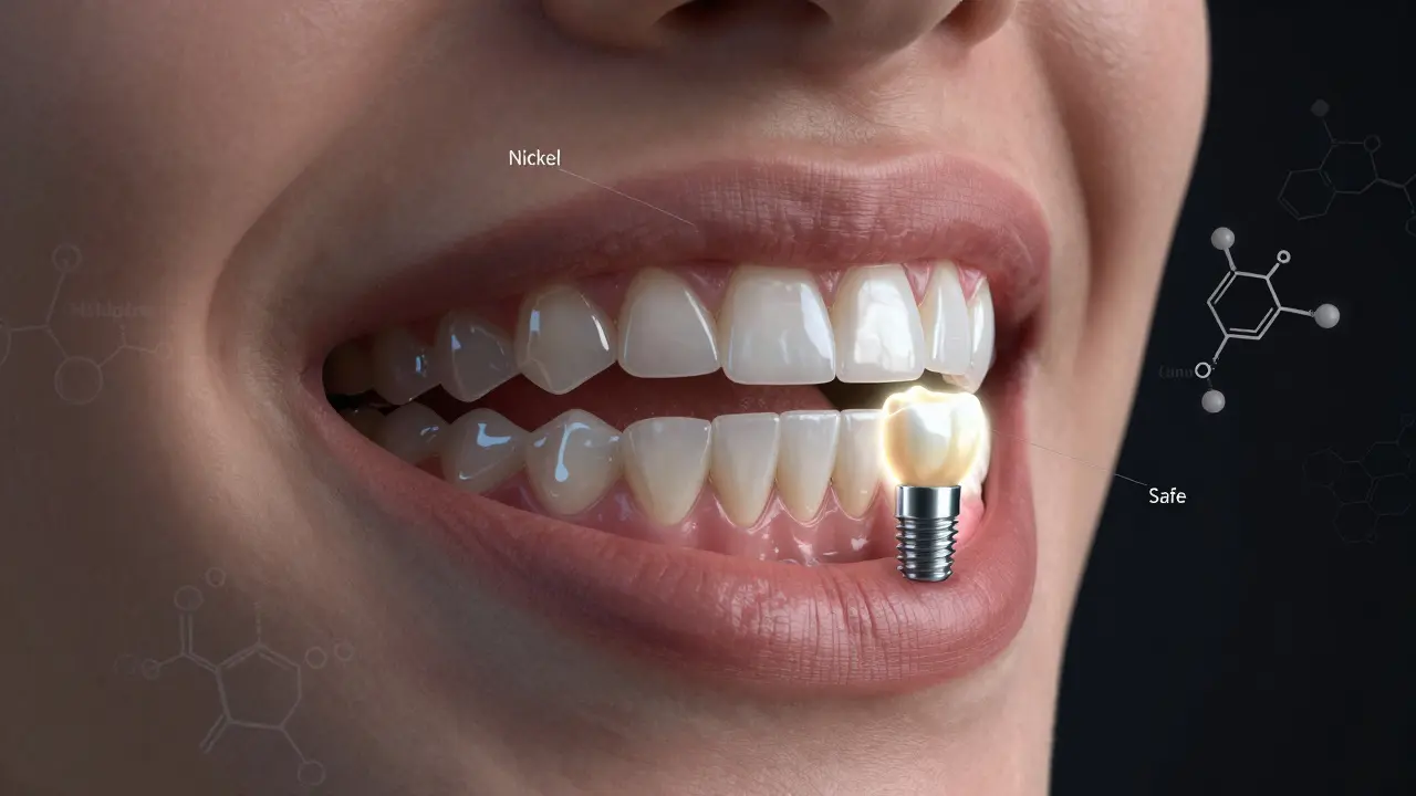 Průhledný pohled na ústní dutinu s alergenními materiály a bezpečnými keramickými náhradami.