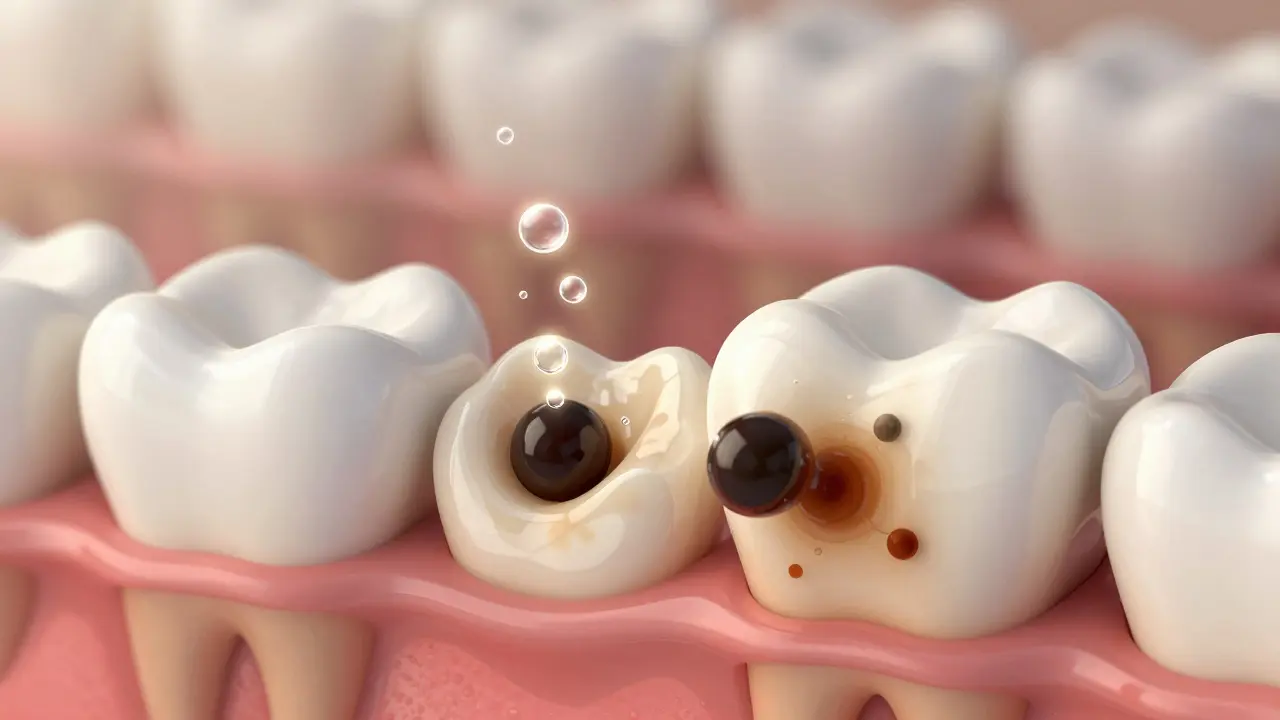 Průřez zubu ukazující, jak chemický gel rozkládá tmavé pigmenty uvnitř skloviny.