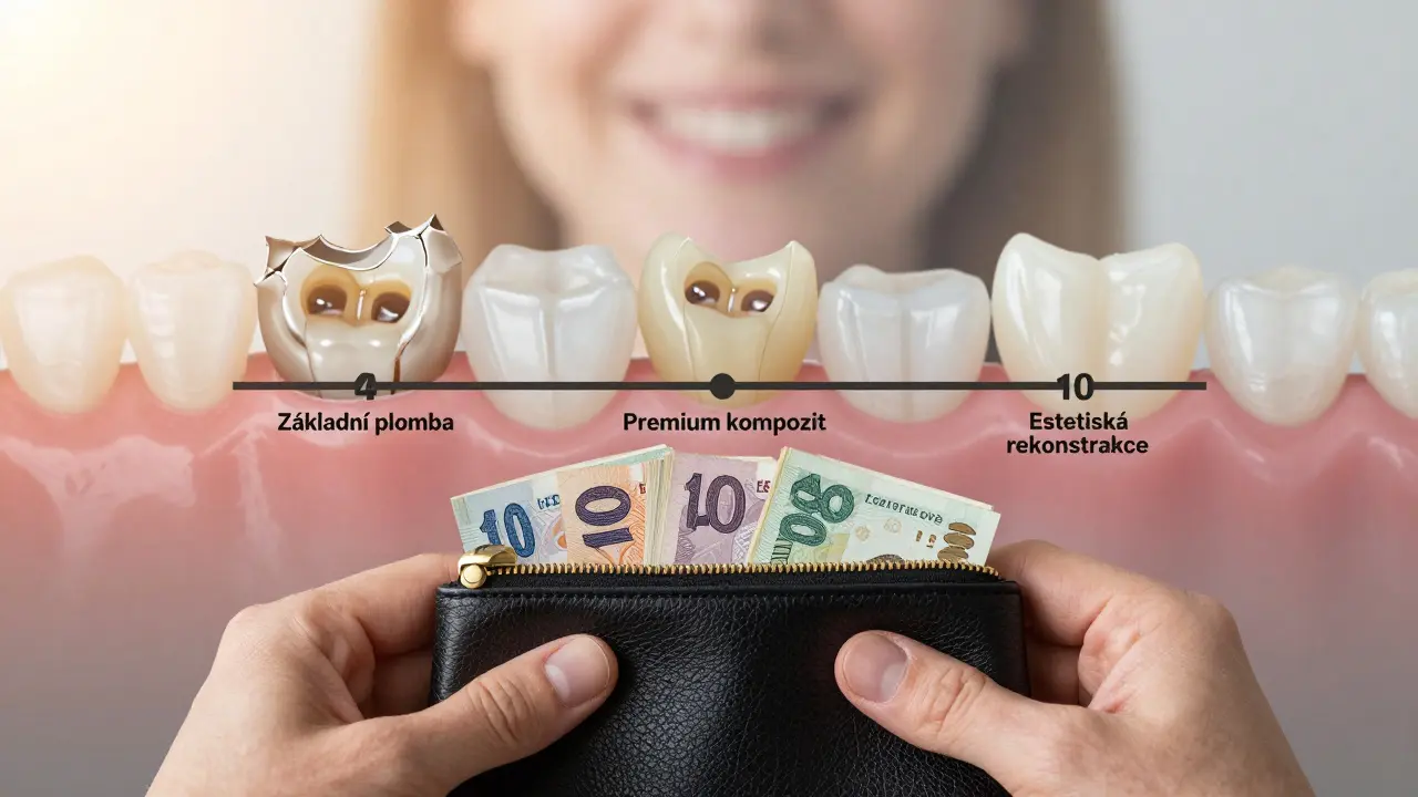 Ruce drží peněženku s třemi částkami za různé typy zubních plomb a časovou osu jejich životnosti.