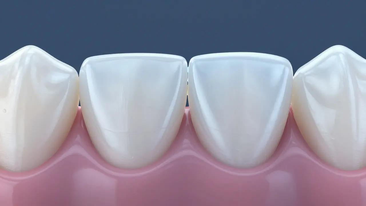 Tenká keramická fazeta se přilepuje na zub, detailně znázorňující přirozené spojení s emalí.