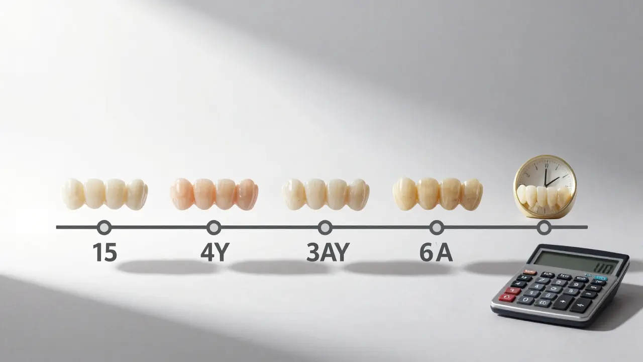 Timeline showing three replaced composite veneers versus one long-lasting ceramic veneer with cost indicators.