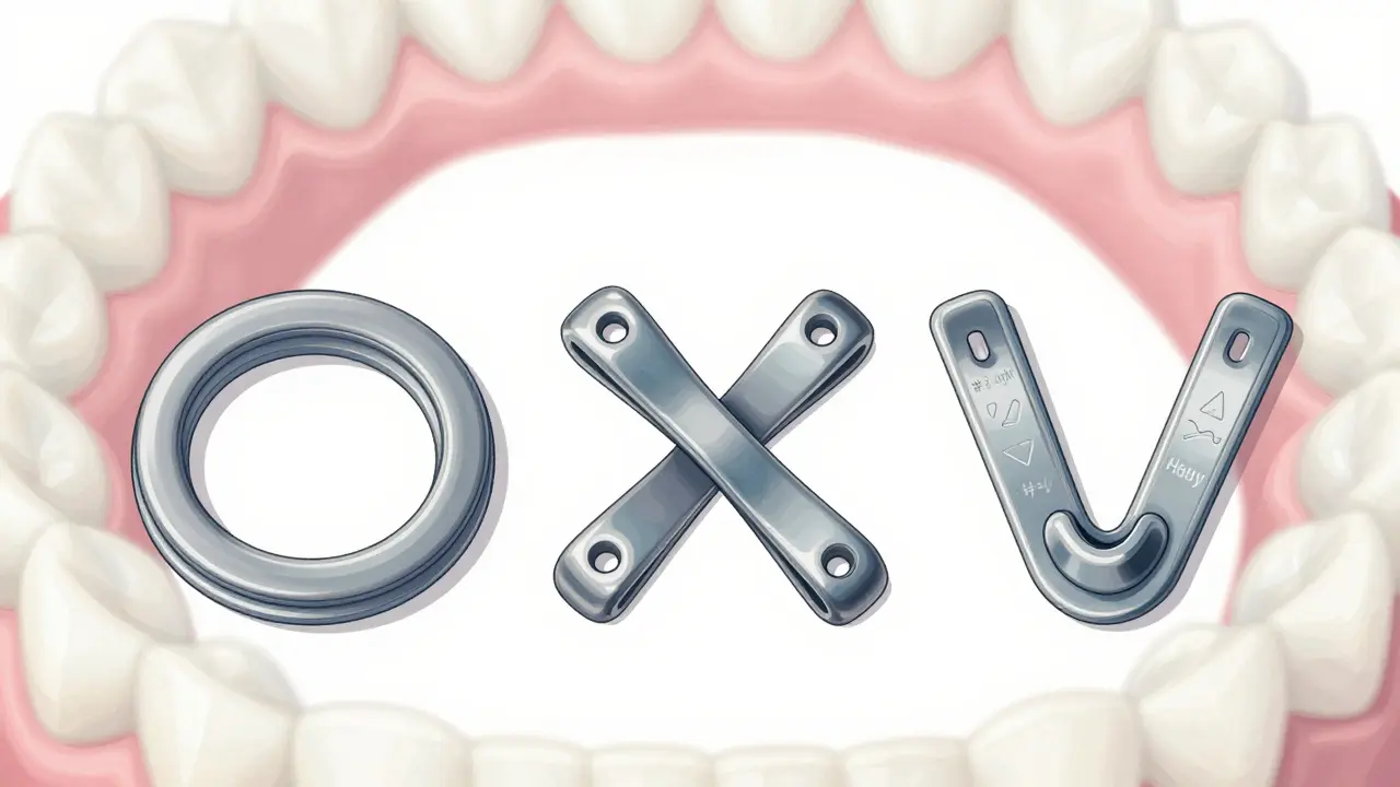 Tři druhy ortodontických gumiček: kruhové, křížové a V-tvarové s označením velikosti a síly.