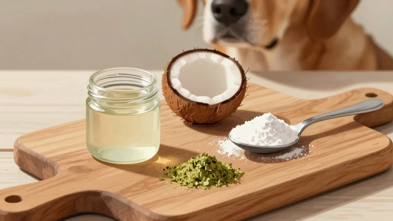 Tři ingredience pro domácí zubní pastu pro psy: kokosový olej, sůdka a sušená petrželka na dřevěné desce.