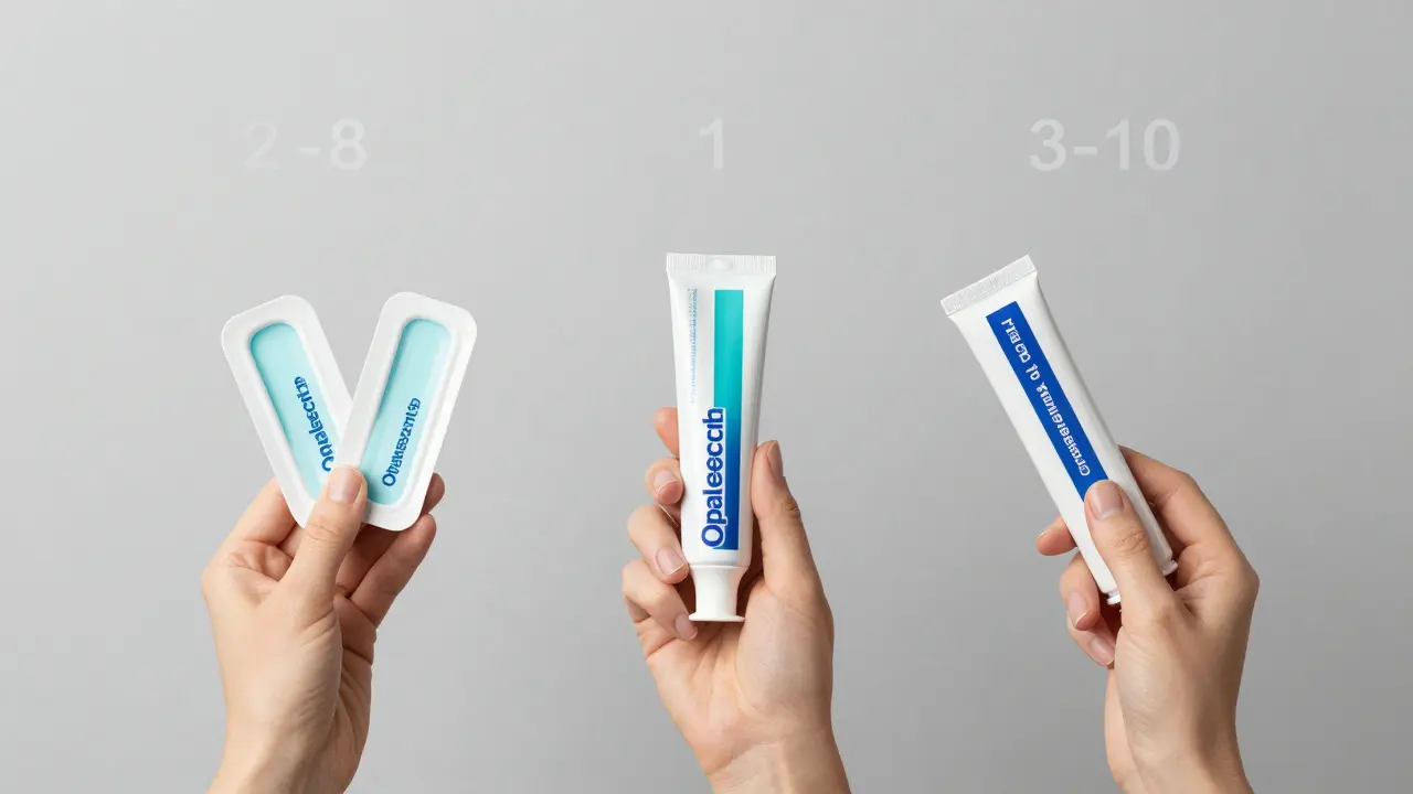 Tři různé metody bělení zubů: Opalescence, pasta a profesionální sada, srovnávané vizuálně bez textu.