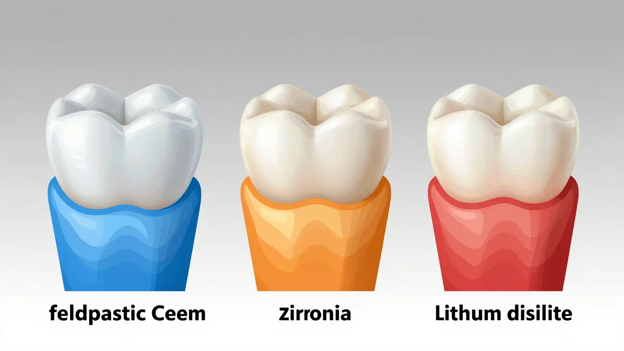 Tři typy materiálů pro zubní korunky s různou odolností proti teplotnímu šoku