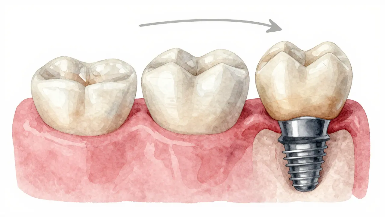 Tři zubní náhrady vedle sebe: fazeta, korunka a implantát, znázorněny jemnou vodovou barvou.