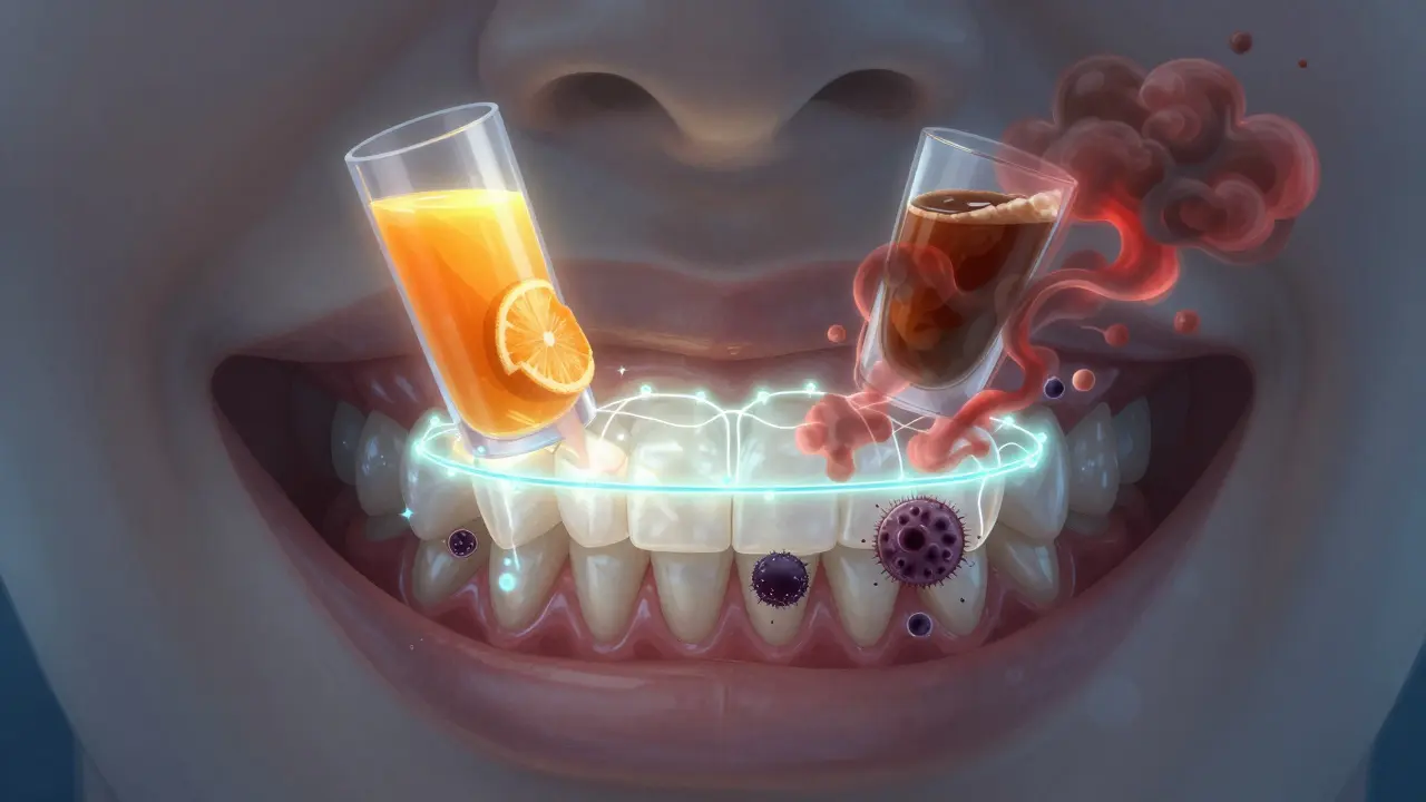 Vnitřní pohled na ústa s fluoridovou ochrannou vrstvou na zubech před kyselými potravinami.