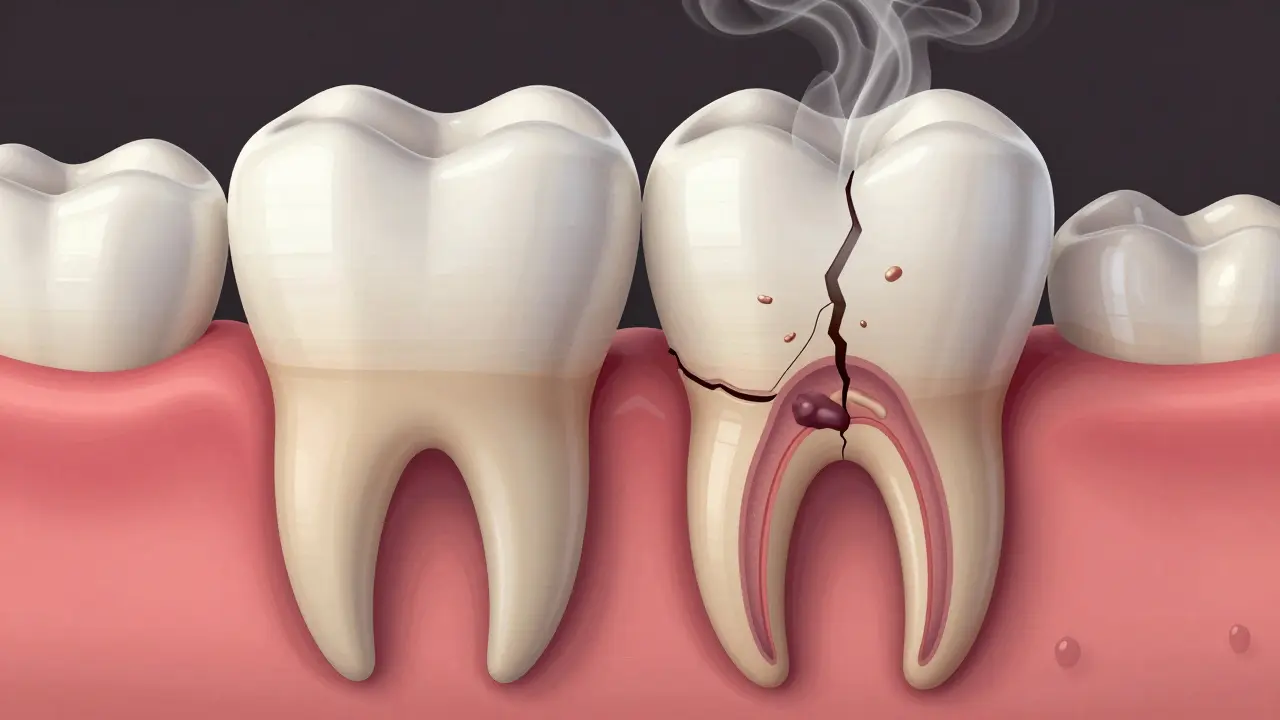 Zub s hlubokou vertikální trhlinou, do které vstupují bakterie a šíří se infekce