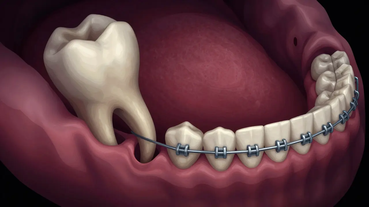 Zubní čelist s nepravidelně rostoucí osmickou a ortodontickými aparátami.