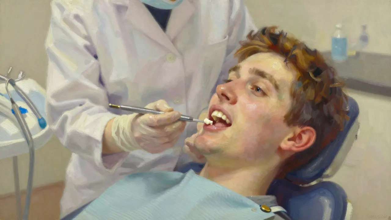 Zubní lékař aplikuje bělící gel pacientovi v klidné atmosféře ordinace.