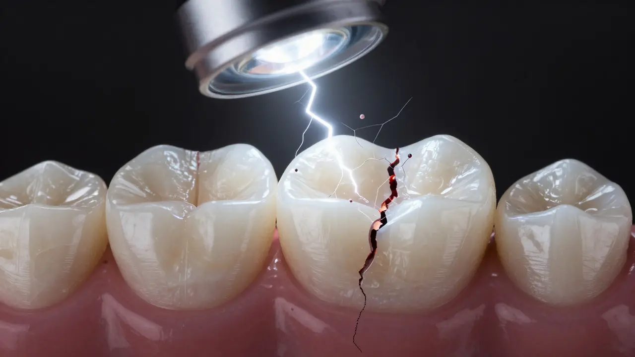 Zvětšený pohled na prasklou zubní korunku s bakteriemi vtrikajícími do trhliny