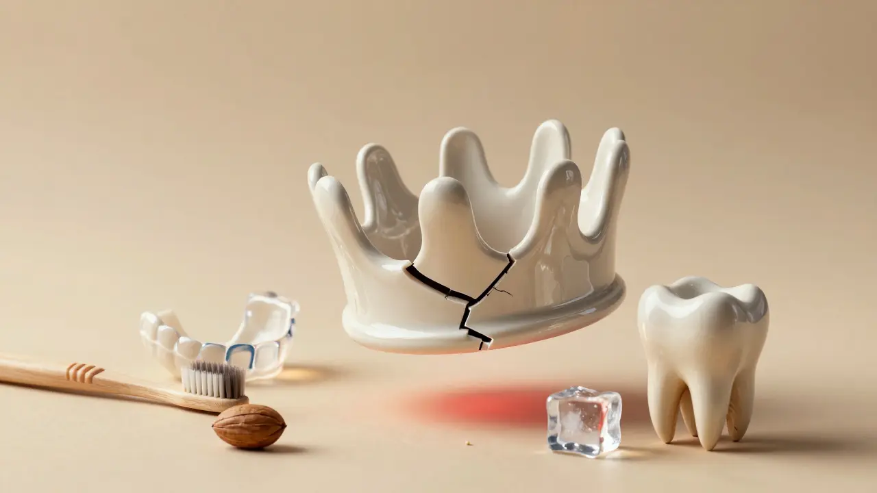A cracked ceramic crown floating with symbols of habits that damage it—nuts, ice, toothbrush, and night guard—against a warm background.