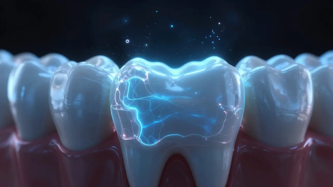 Abstraktní vizualizace citlivosti zuba pod tenkou vrstvou skloviny.