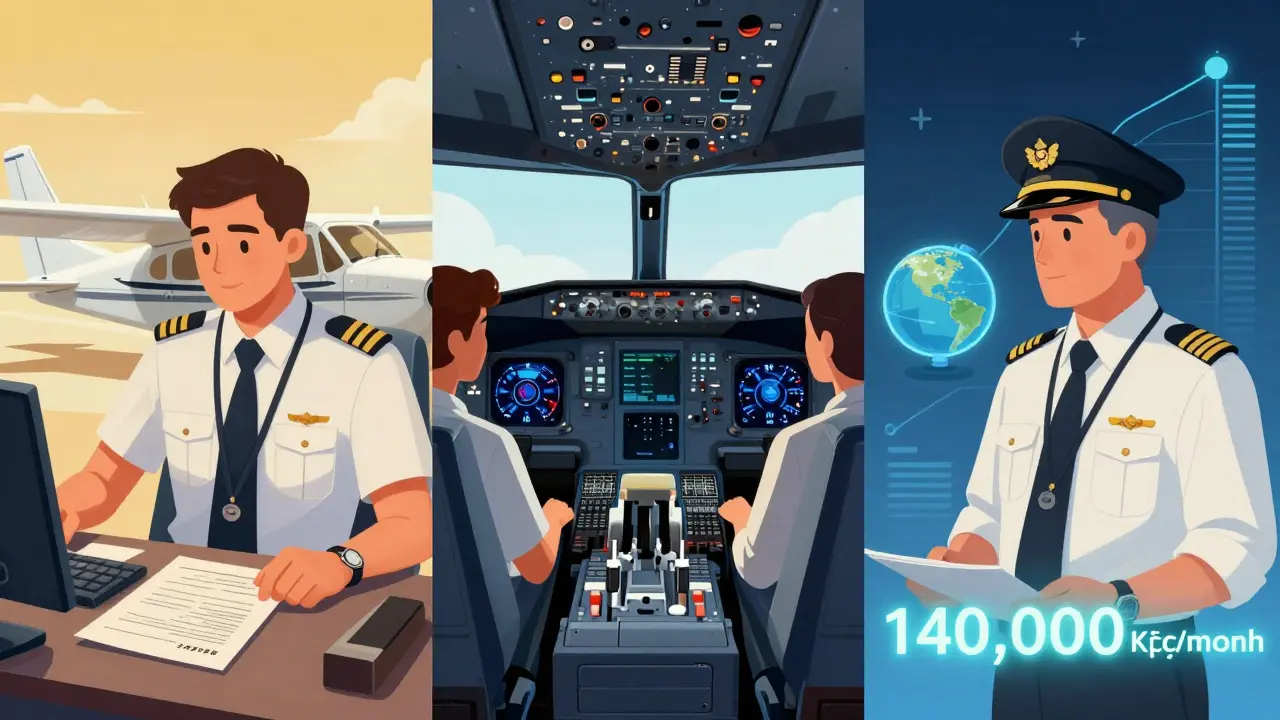 Career progression of a pilot from trainee to captain, shown in three stages with symbolic elements.