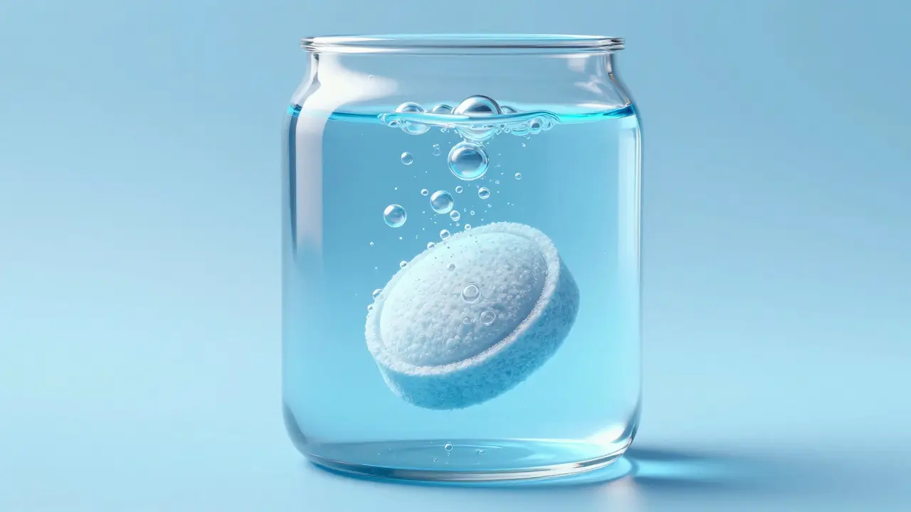 Čisticí tableta bublající ve vodě při dezinfekci zubního aparátu.