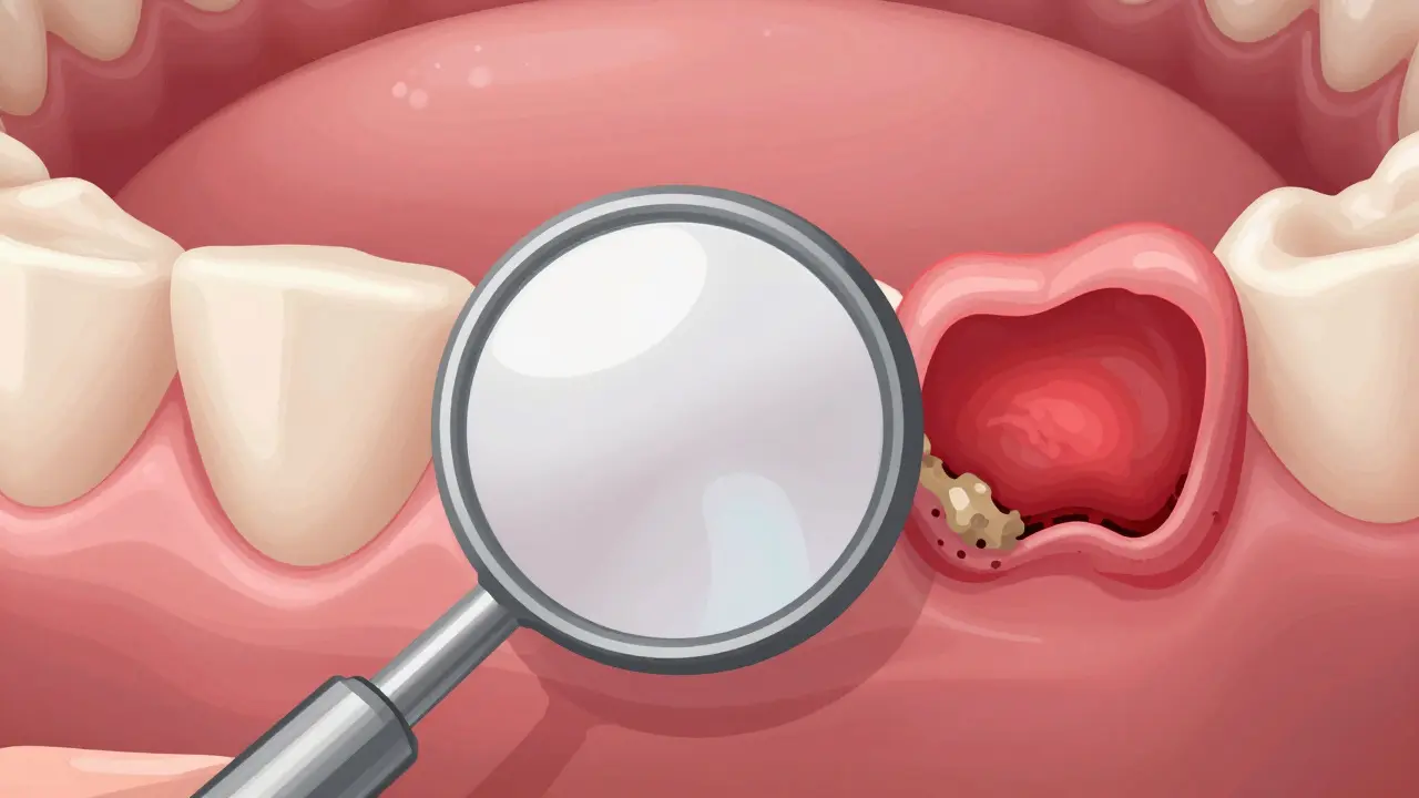 Detailní srovnání zdravých a zánětlivých dásní viděných přes dentální zrcátko.