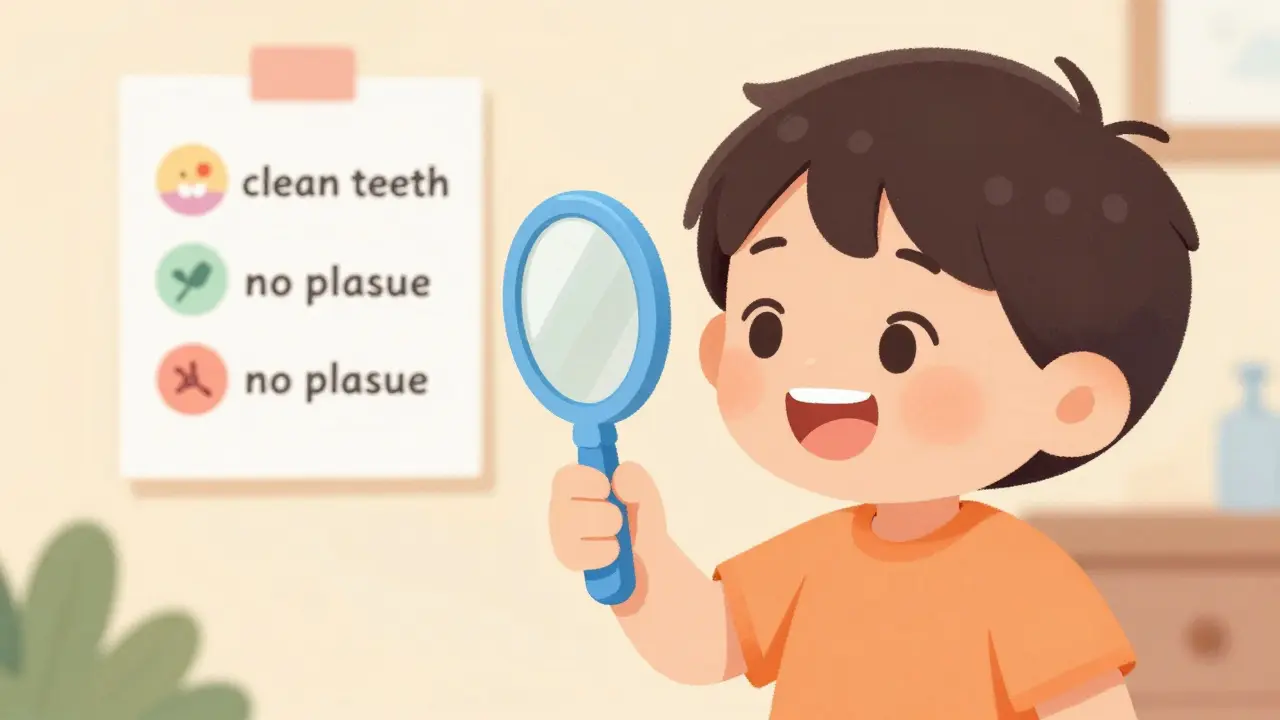 Dítě se dívá do dentálního zrcátka s barevným rukojetí ve školním prostředí.