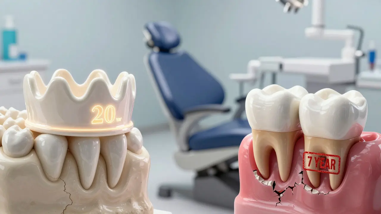 Dvě cesty po ztrátě zubu: trvalý implantát vs. dočasný most s degradací kosti.