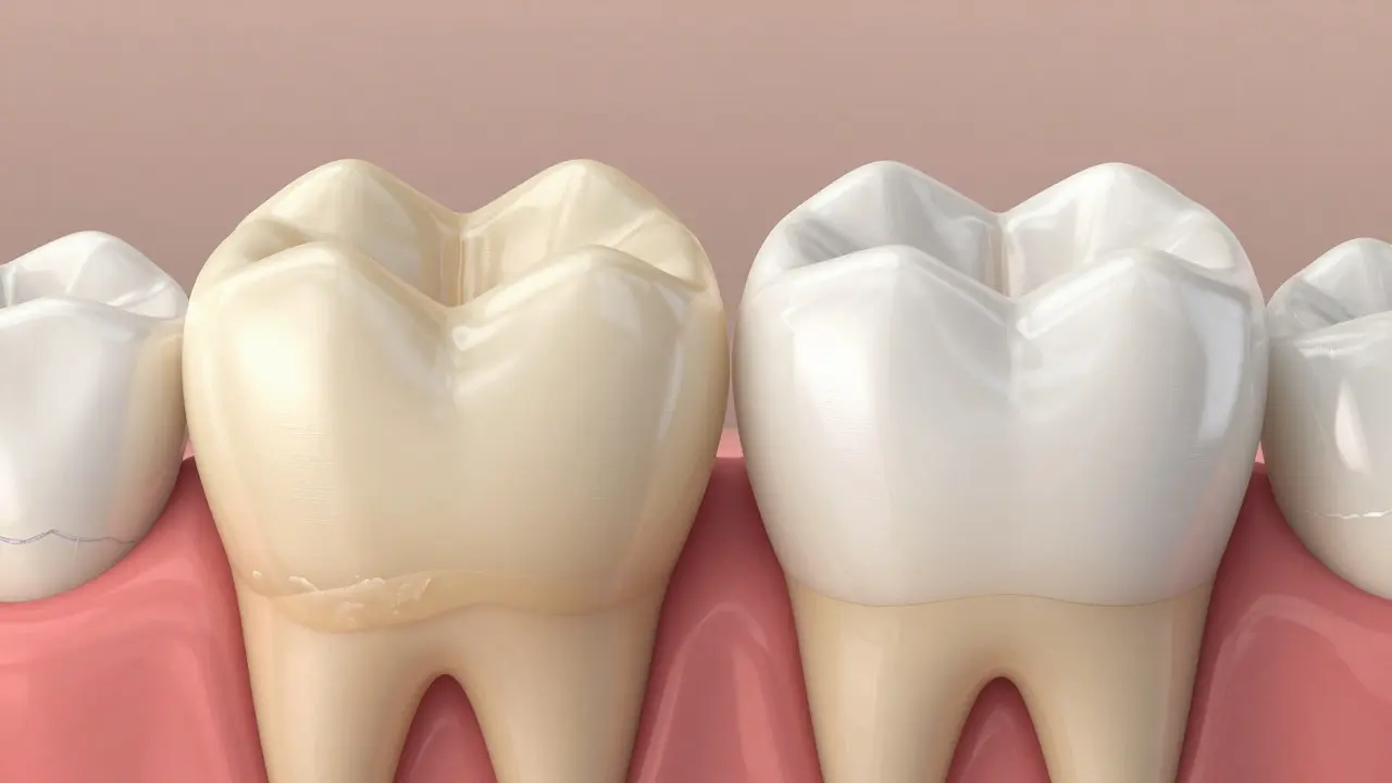 Dvě zuby vedle sebe: jeden s plakem a druhý čistý po odborném čištění.