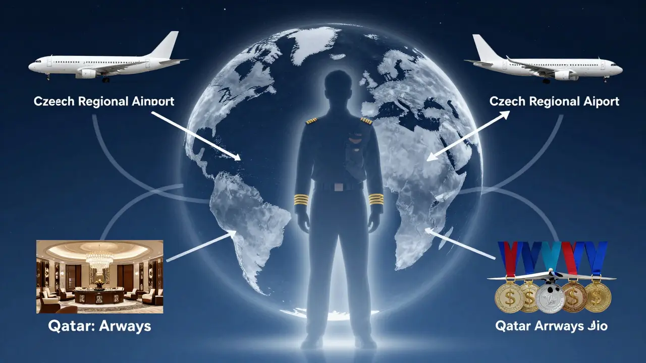 Global career paths of a Czech pilot: regional, international, and military aviation routes radiating from a central figure.