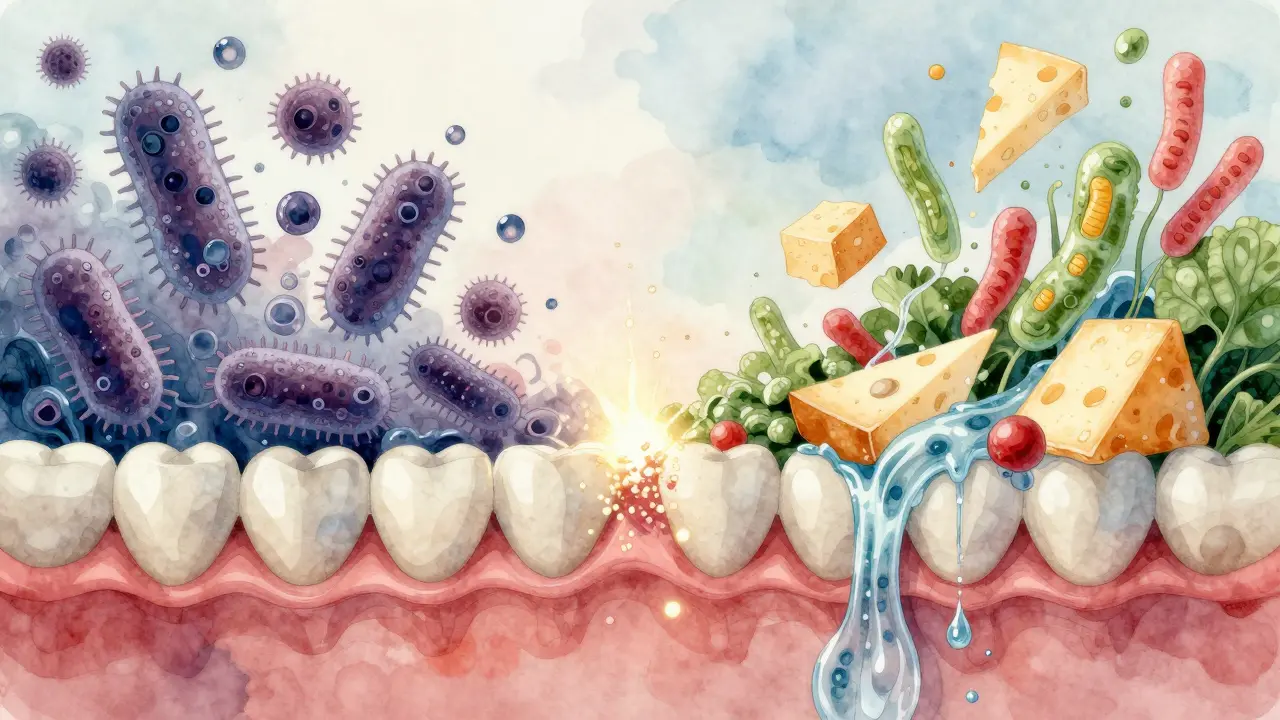 Konceptuální obrázek zdravého ústního mikrobiomu s obnovou skloviny