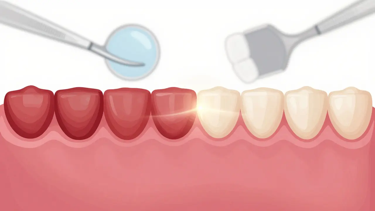 Kontrast mezi zánětlivými a zdravými dásněmi po hlubokém čištění, symbolizující léčebný proces.