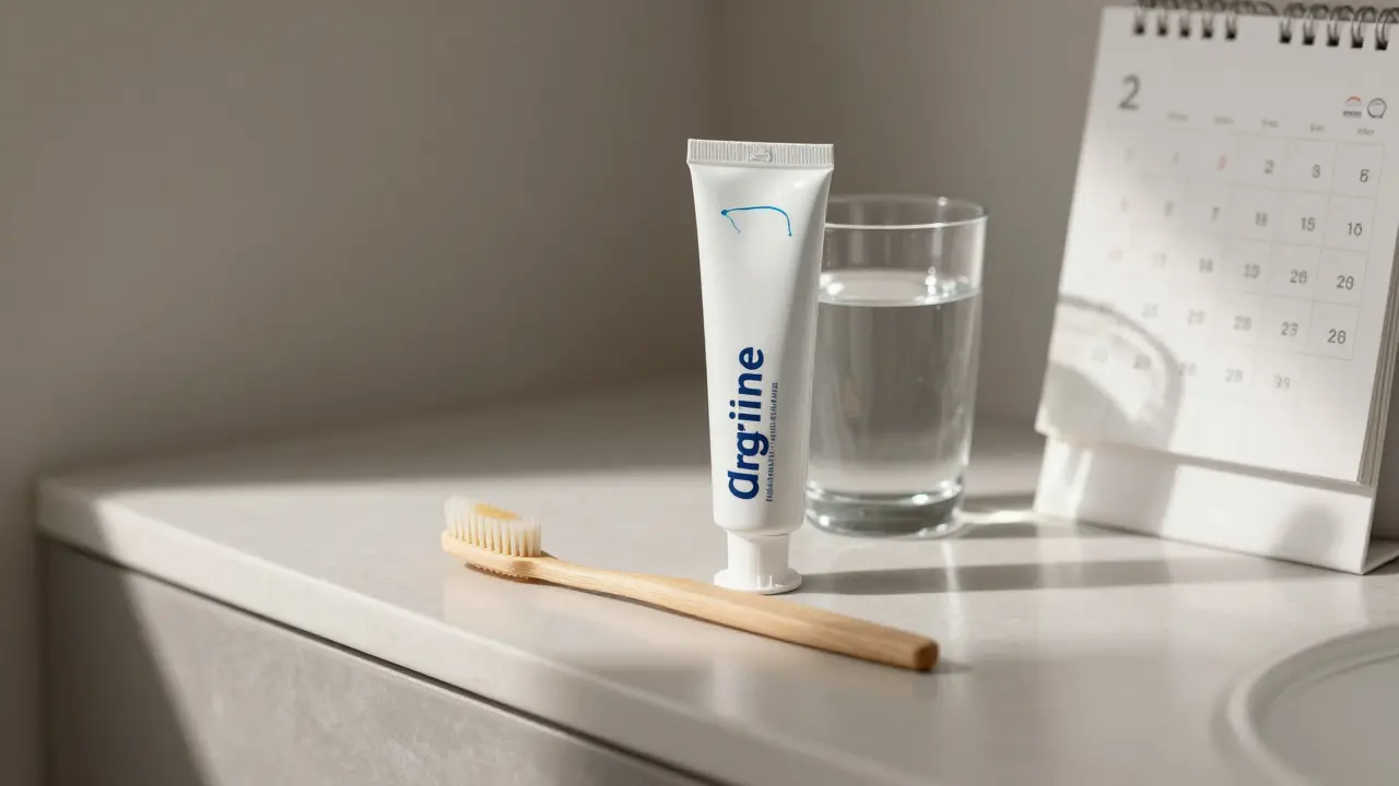 Koupelna s měkkým kartáčkem, toothpaste a kalendářem pravidelné péče o zuby.